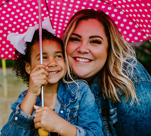 mom and daughter under umbrella