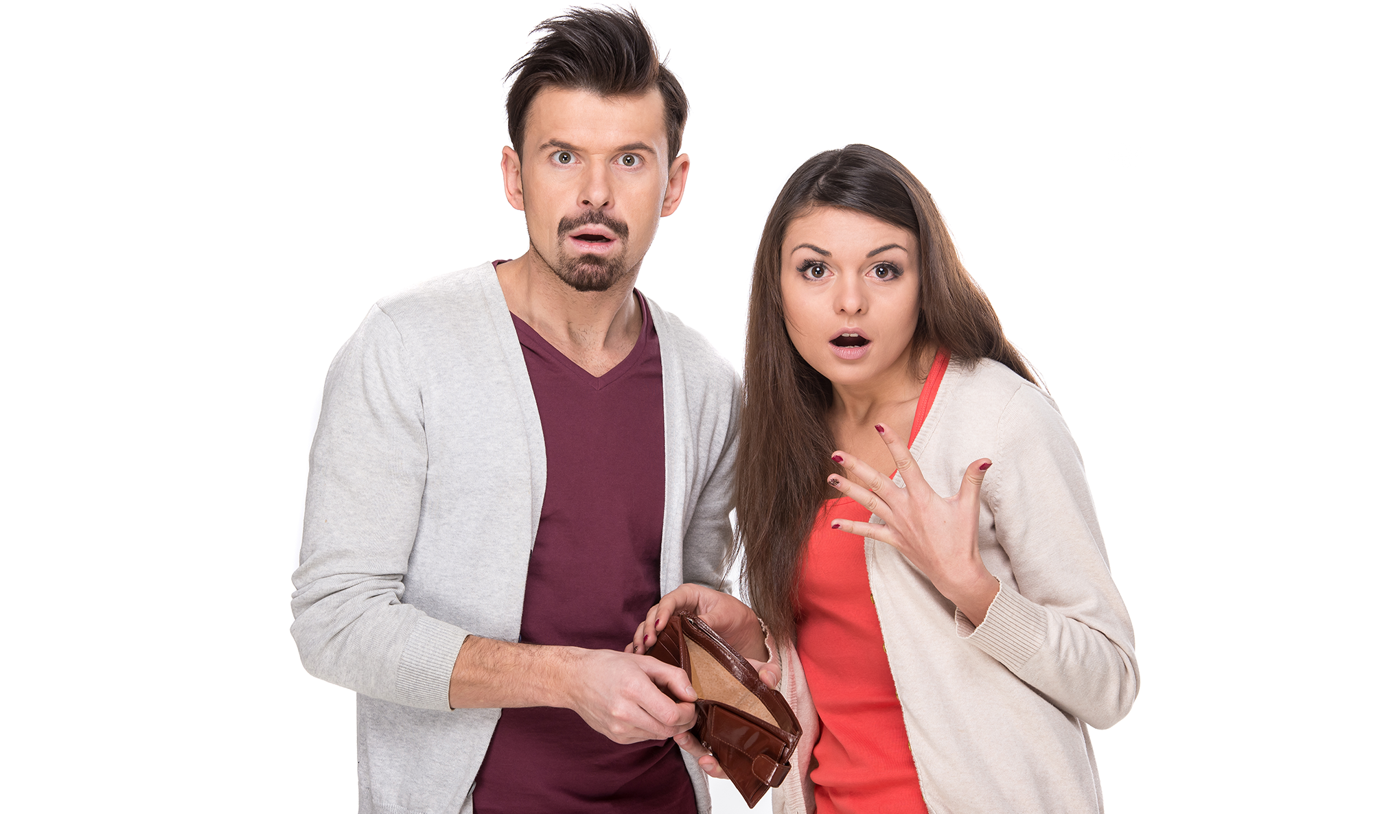 Man and woman shocked at empty wallet