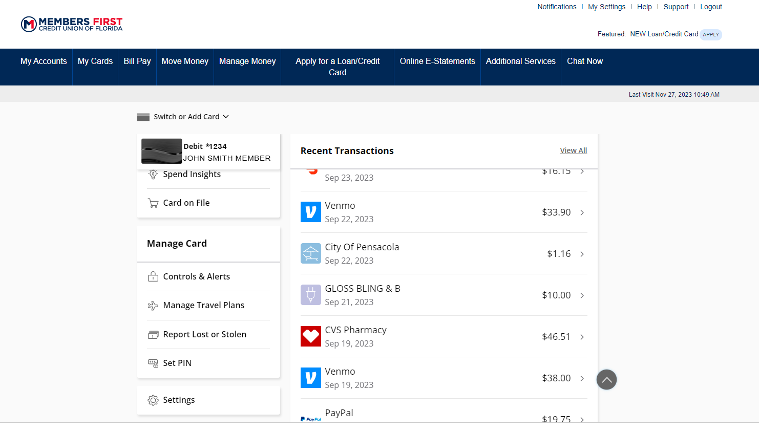 my cards on internet banking desktop